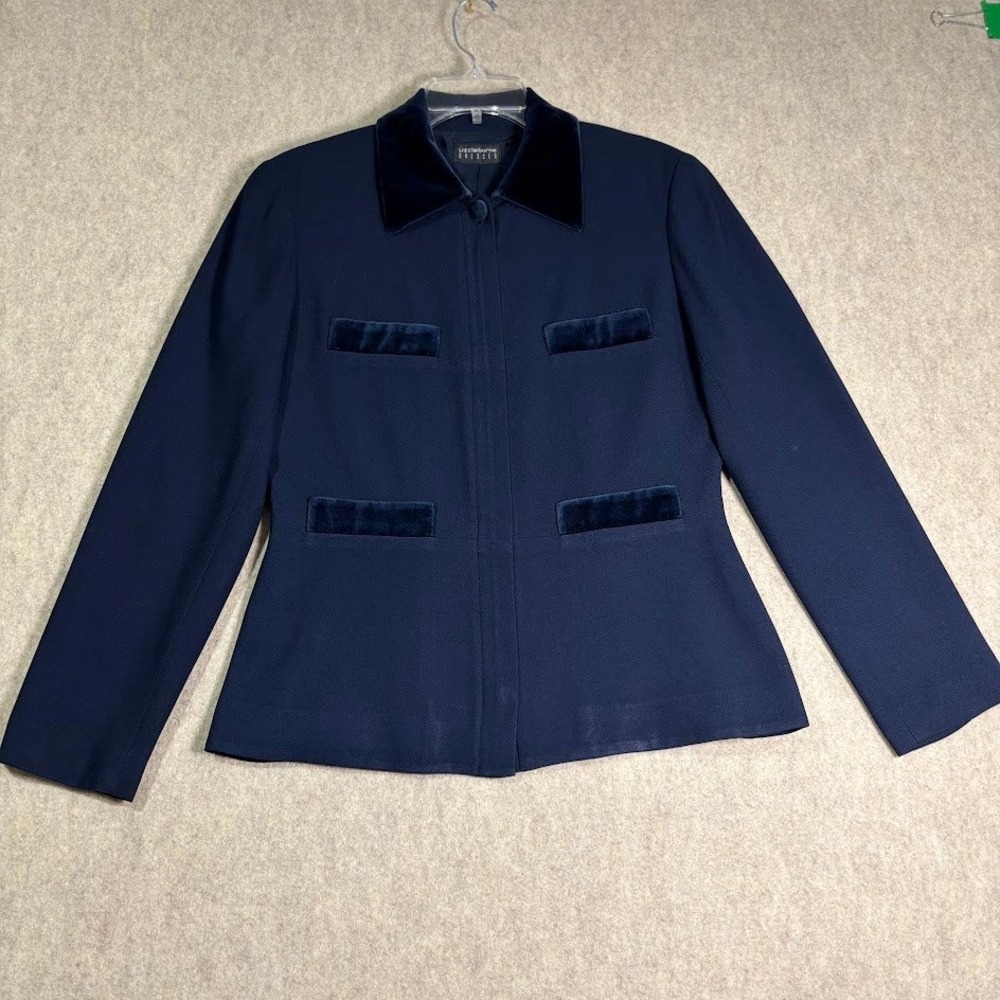 Liz Claiborne Blazer Jacket Womens 10 Navy Blue Velvet Trim Classic Festive